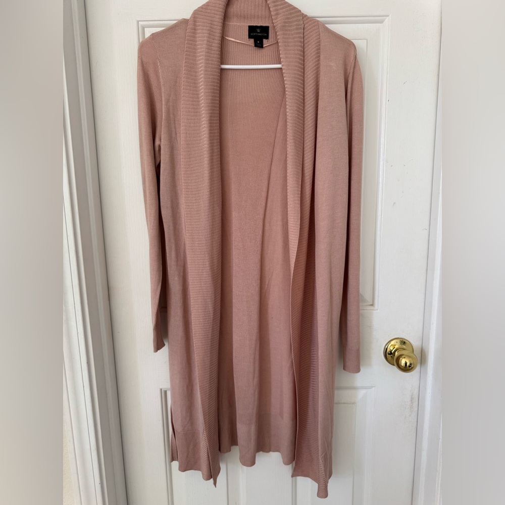 Worthington Long Open-Front Cardigan in Blush Pink